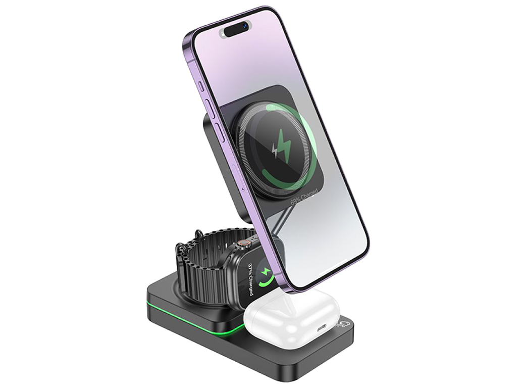 Бездротовий зарядний пристрій Hoco CQ10 3in1 Magnetic 15W For iWatch, Колір Чорний