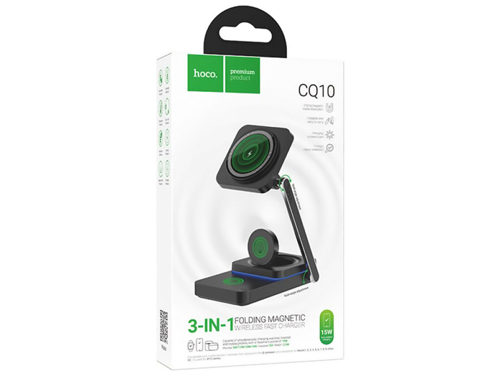 Бездротовий зарядний пристрій Hoco CQ10 3in1 Magnetic 15W For iWatch, Колір Чорний