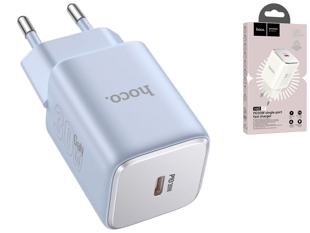 Сетевое зарядное устройство Hoco N43 1USB-C PD/QC 30W GAN, Цвет Голубой