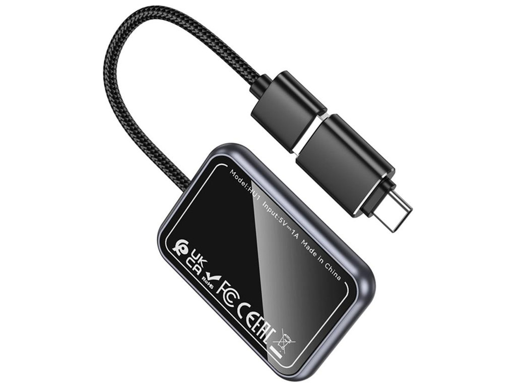 CarPlay автомобильный Hoco HU1, беспроводное подключение, USB/Type-C, Wi-Fi+Bluetooth, цвет черный