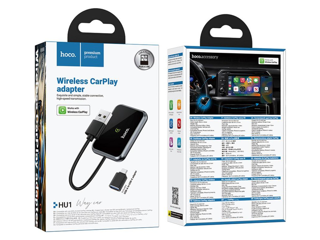 CarPlay автомобильный Hoco HU1, беспроводное подключение, USB/Type-C, Wi-Fi+Bluetooth, цвет черный