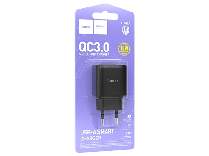 Мережевий зарядний пристрій Hoco C140A 1USB QC 18W, колір чорний