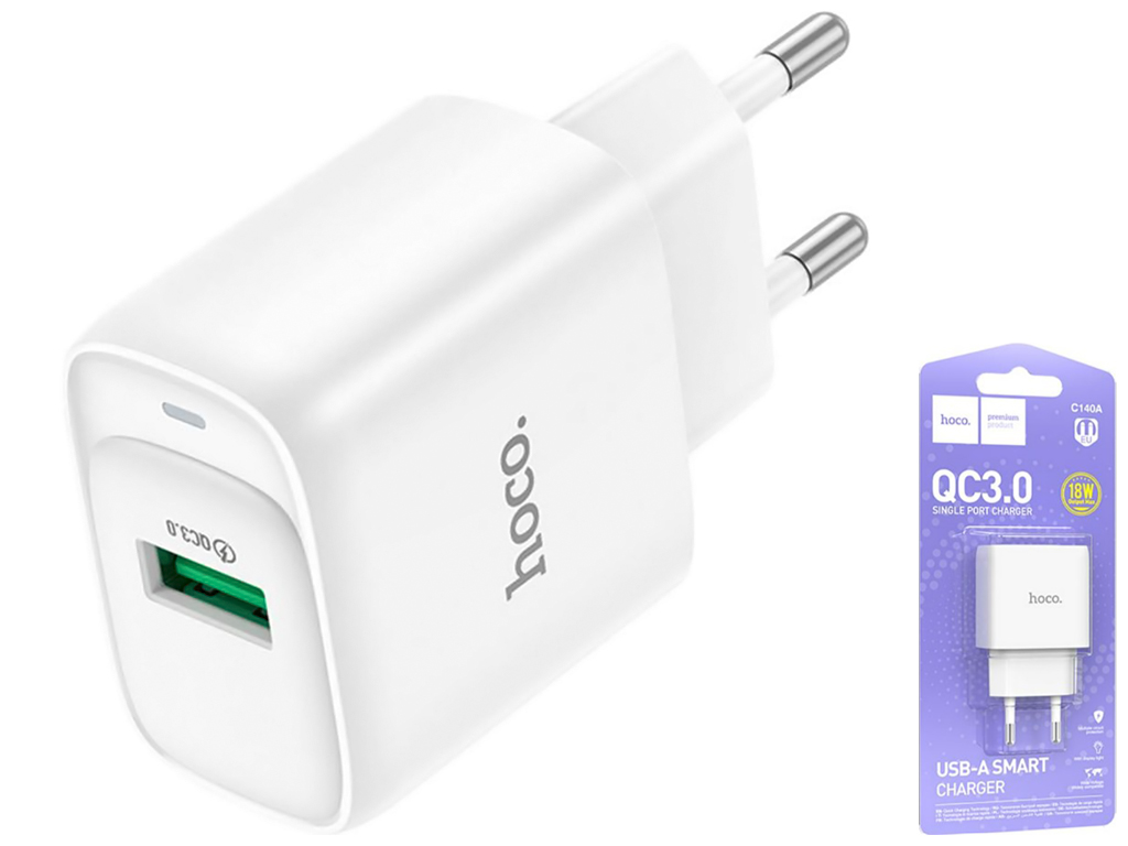 Мережевий зарядний пристрій Hoco C140A 1USB QC 18W, колір бiлий