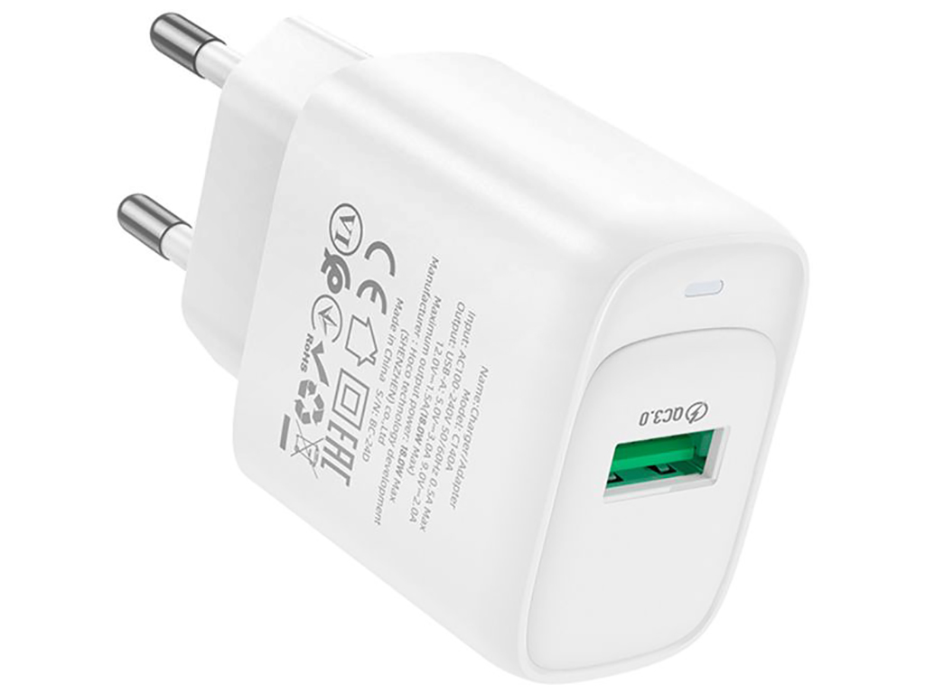 Мережевий зарядний пристрій Hoco C140A 1USB QC 18W, колір бiлий
