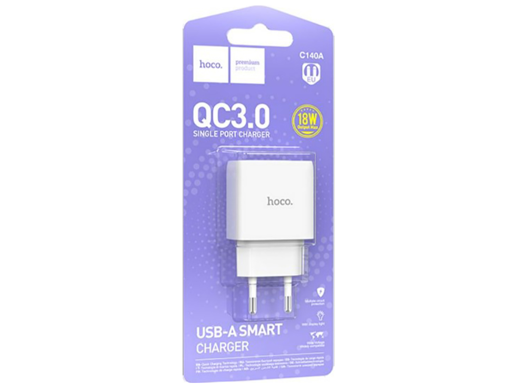 Мережевий зарядний пристрій Hoco C140A 1USB QC 18W, колір бiлий