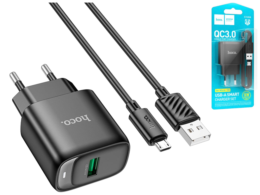 Сетевое зарядное устройство Hoco C140A 1USB QC 18W+USB to Micro, цвет черный