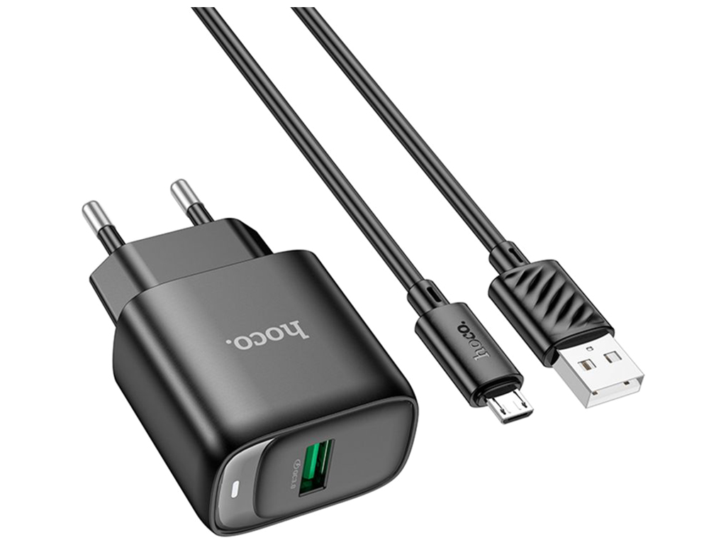 Сетевое зарядное устройство Hoco C140A 1USB QC 18W+USB to Micro, цвет черный