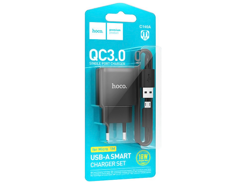 Сетевое зарядное устройство Hoco C140A 1USB QC 18W+USB to Micro, цвет черный