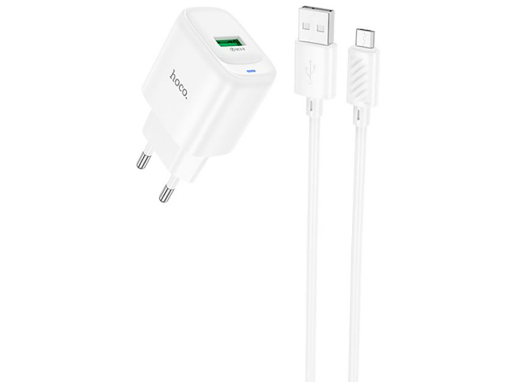 Мережевий зарядний пристрій Hoco C140A 1USB QC 18W+USB to Micro, колір бiлий