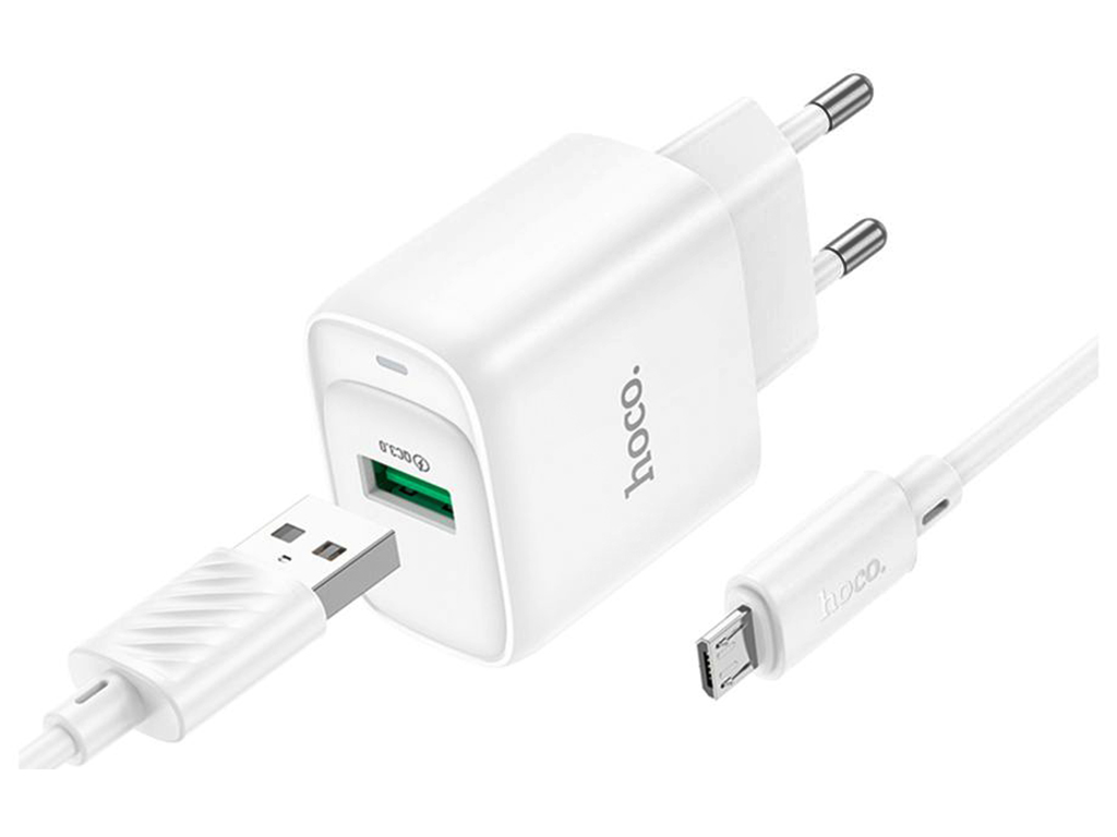 Мережевий зарядний пристрій Hoco C140A 1USB QC 18W+USB to Micro, колір бiлий