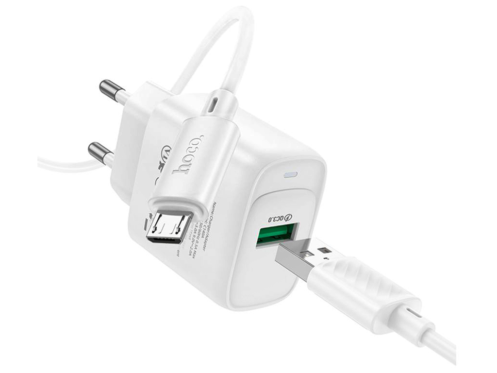 Мережевий зарядний пристрій Hoco C140A 1USB QC 18W+USB to Micro, колір бiлий