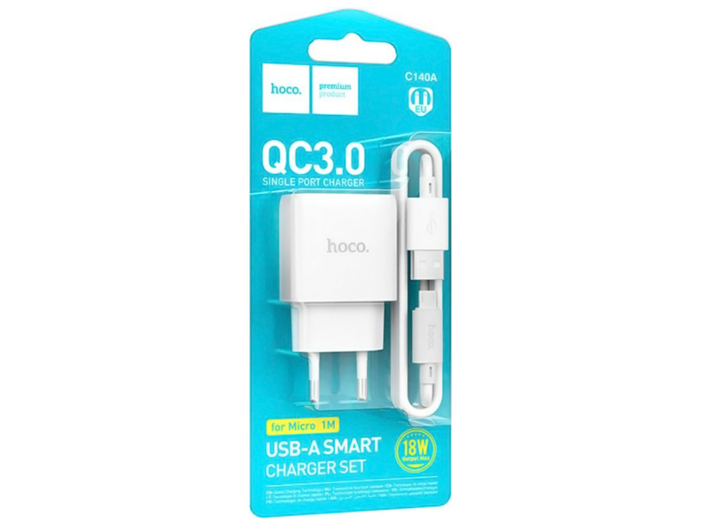 Мережевий зарядний пристрій Hoco C140A 1USB QC 18W+USB to Micro, колір бiлий