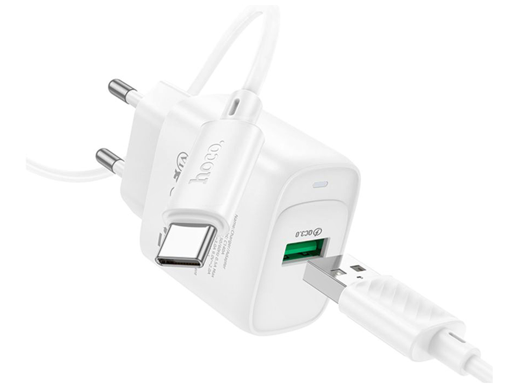 Сетевое зарядное устройство Hoco C140A 1USB QC 18W+USB to Type-C, цвет белый
