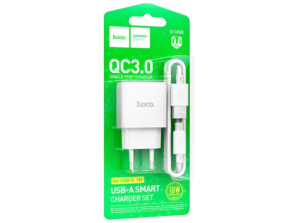 Сетевое зарядное устройство Hoco C140A 1USB QC 18W+USB to Type-C, цвет белый