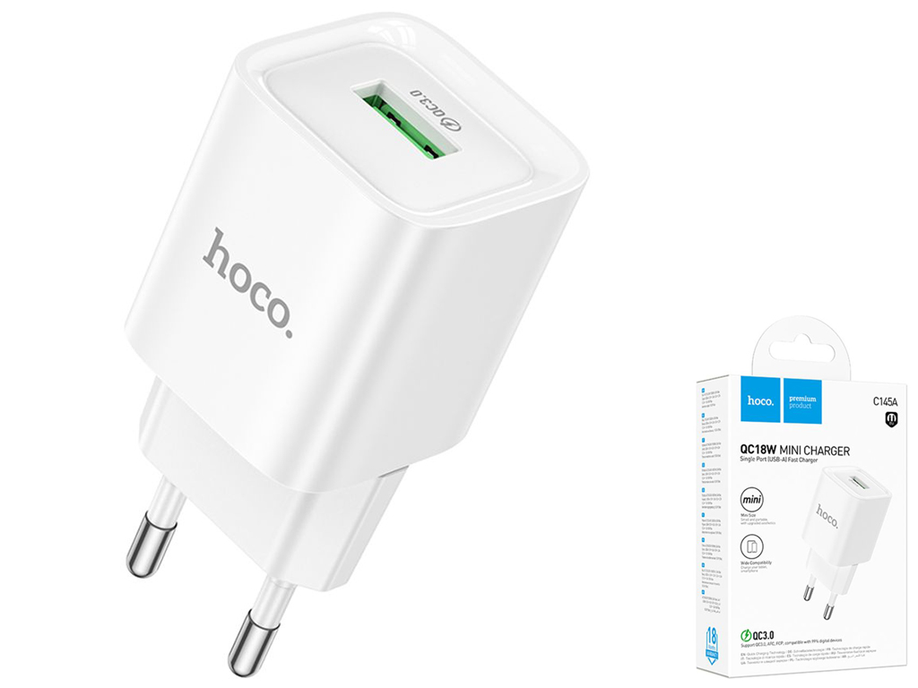 Сетевое зарядное устройство Hoco C145A 1USB QC 18W, цвет белый