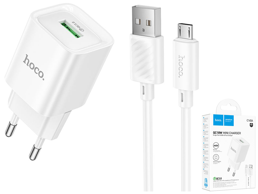 Мережевий зарядний пристрій Hoco C145A 1USB QC 18W+USB to Micro, колір бiлий
