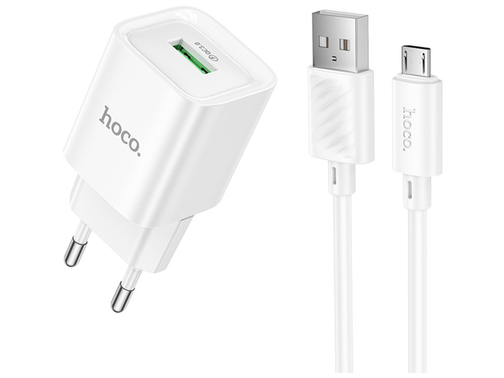 Мережевий зарядний пристрій Hoco C145A 1USB QC 18W+USB to Micro, колір бiлий