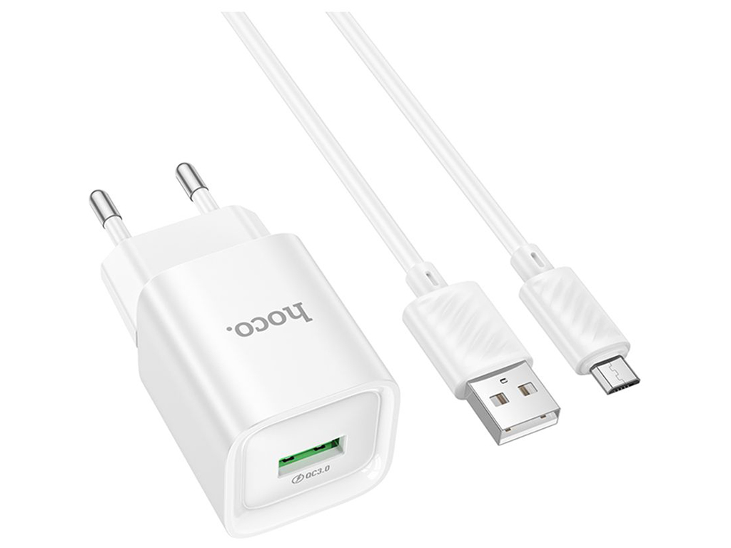Мережевий зарядний пристрій Hoco C145A 1USB QC 18W+USB to Micro, колір бiлий