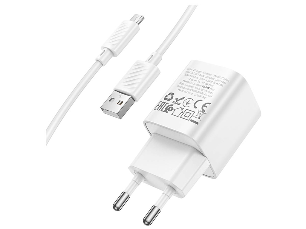 Мережевий зарядний пристрій Hoco C145A 1USB QC 18W+USB to Micro, колір бiлий
