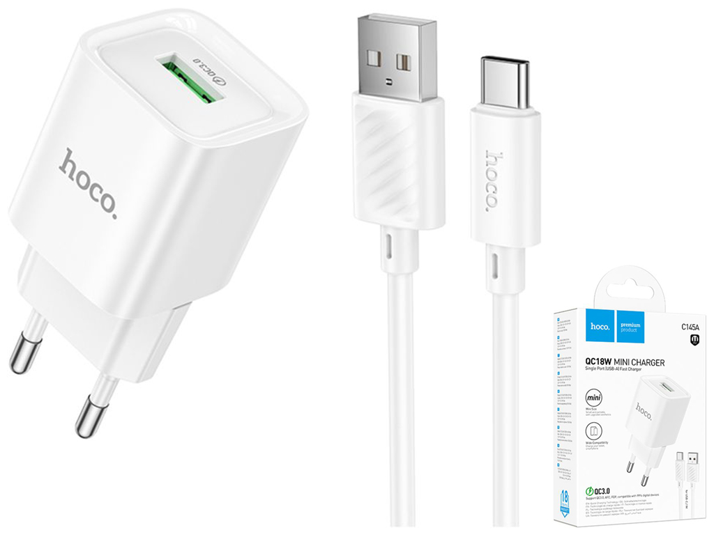 Сетевое зарядное устройство Hoco C145A 1USB QC 18W+USB to Type-C, цвет белый