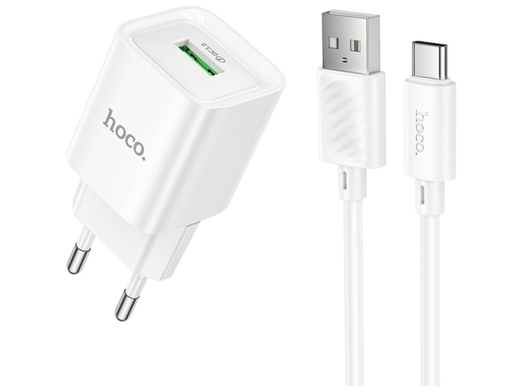 Сетевое зарядное устройство Hoco C145A 1USB QC 18W+USB to Type-C, цвет белый