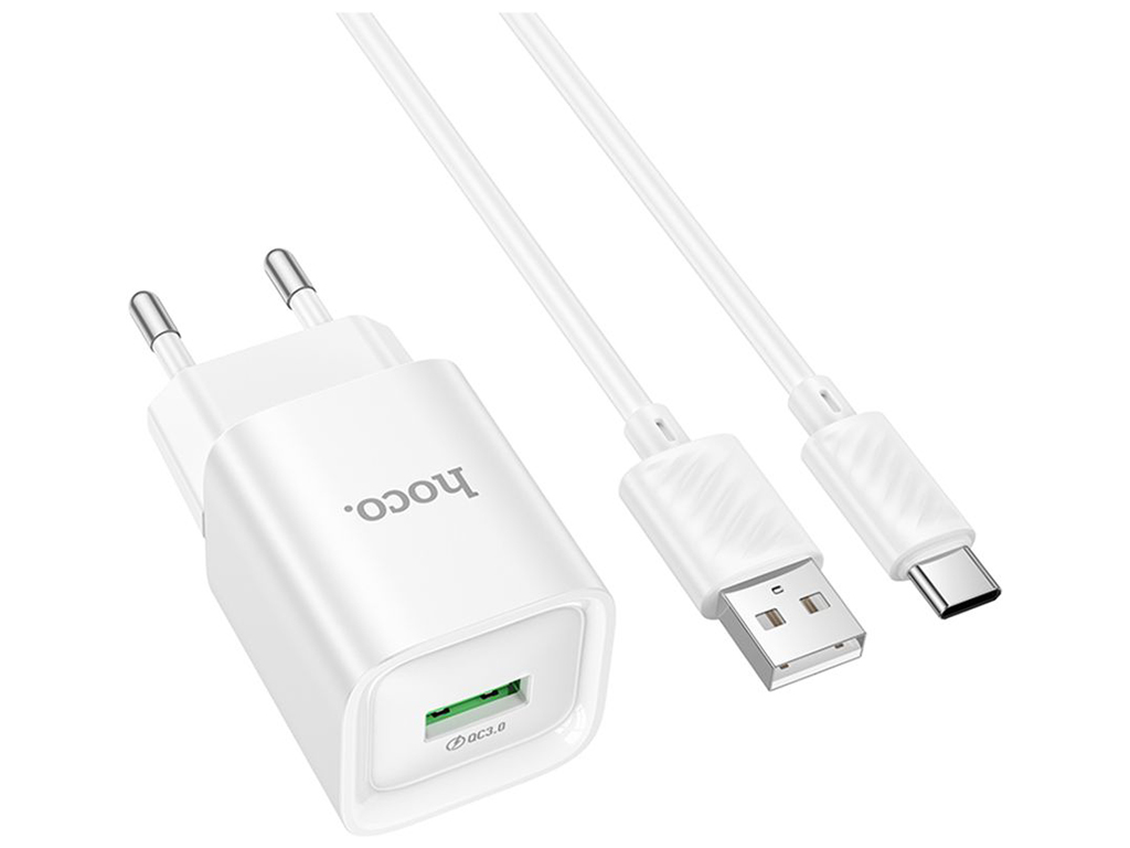 Сетевое зарядное устройство Hoco C145A 1USB QC 18W+USB to Type-C, цвет белый