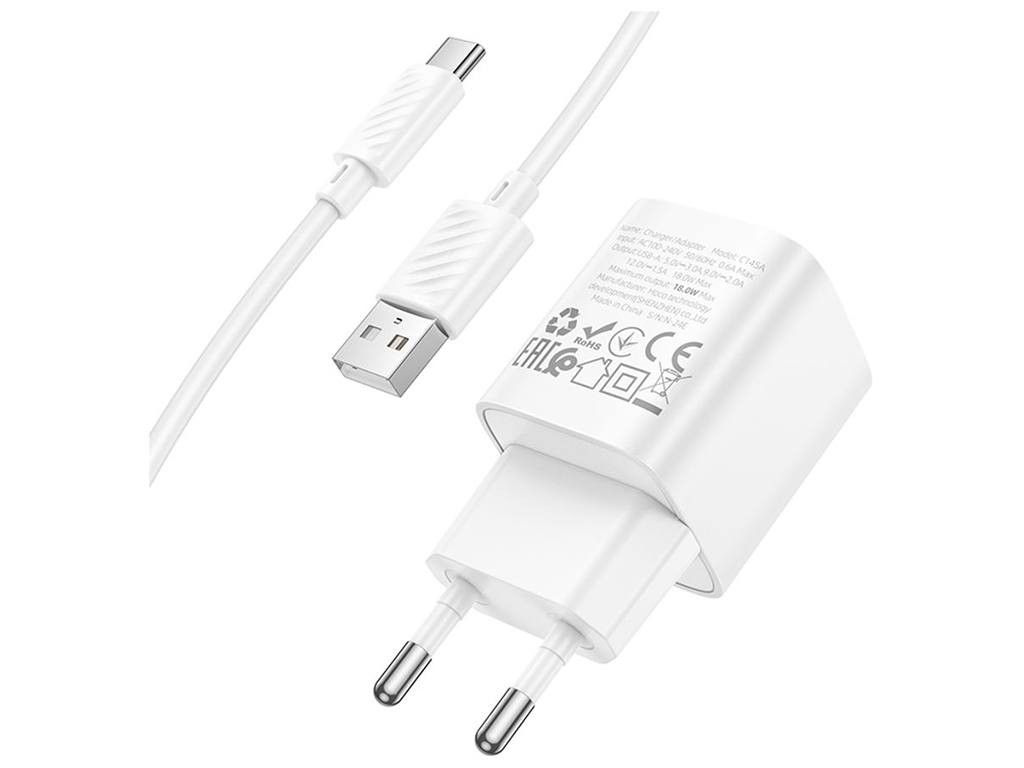 Сетевое зарядное устройство Hoco C145A 1USB QC 18W+USB to Type-C, цвет белый