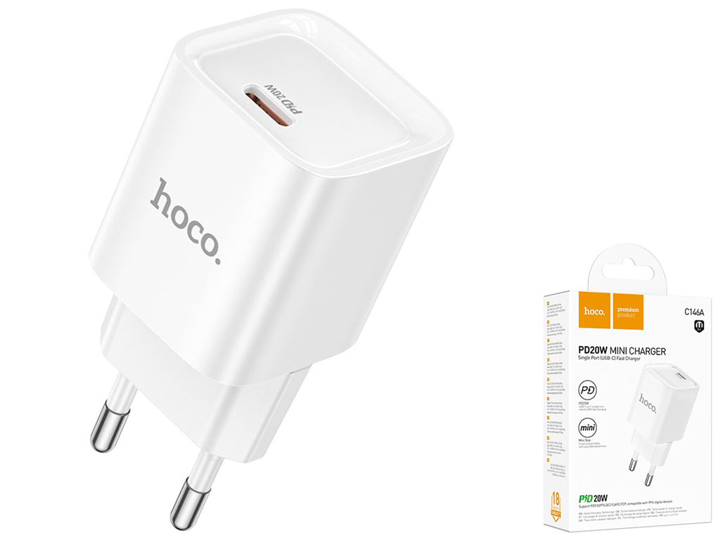Сетевое зарядное устройство Hoco C146A 1USB-C PD/QC 20W, цвет белый