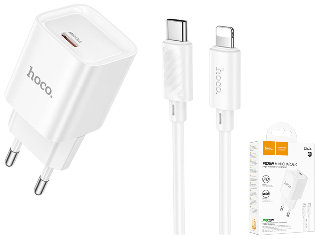 Сетевое зарядное устройство Hoco C146A 1USB-C PD/QC 20W+Type-C to Lightning, цвет белый