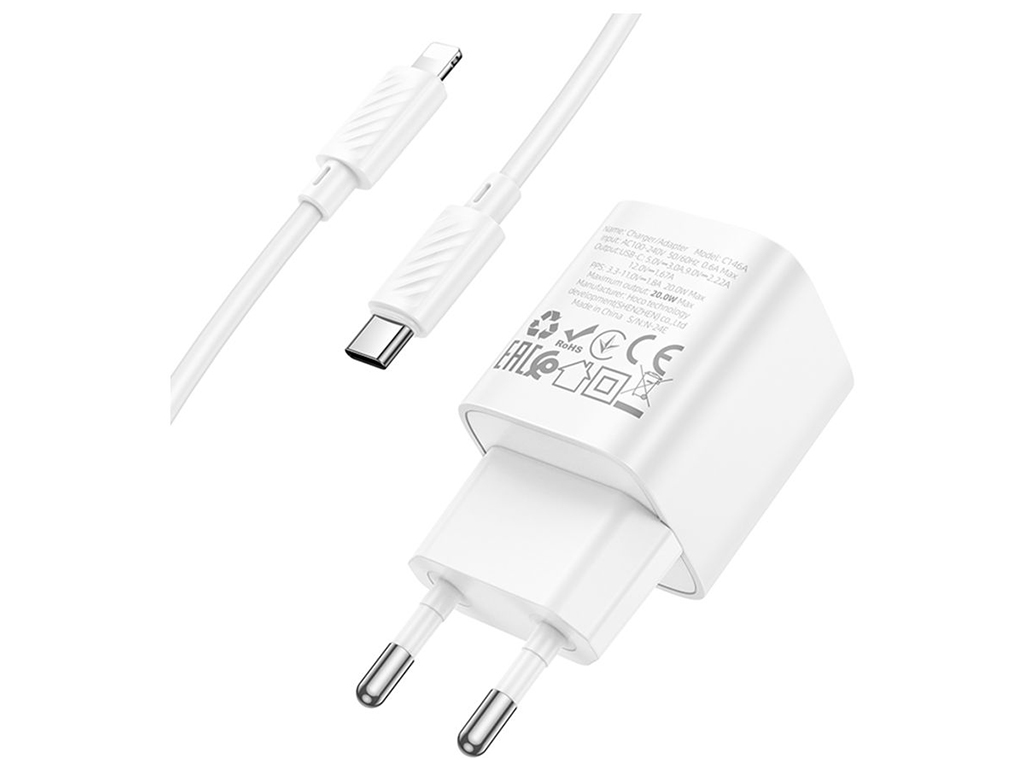 Сетевое зарядное устройство Hoco C146A 1USB-C PD/QC 20W+Type-C to Lightning, цвет белый