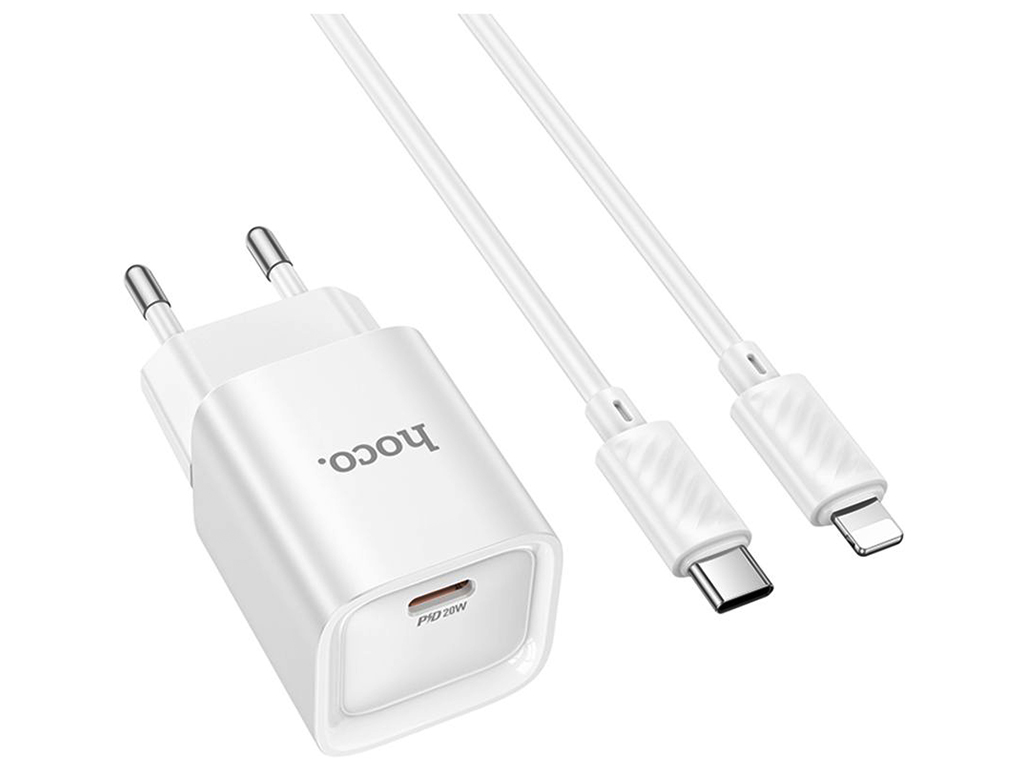 Сетевое зарядное устройство Hoco C146A 1USB-C PD/QC 20W+Type-C to Lightning, цвет белый