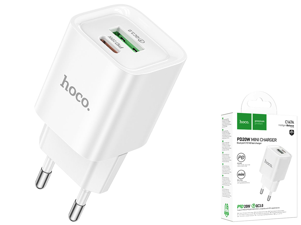 Сетевое зарядное устройство Hoco C147A 1USB-C/1USB PD/QC 20W, цвет белый