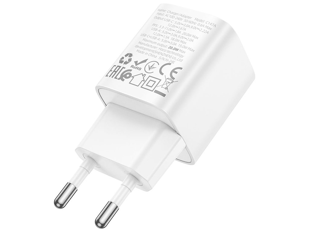 Сетевое зарядное устройство Hoco C147A 1USB-C/1USB PD/QC 20W, цвет белый