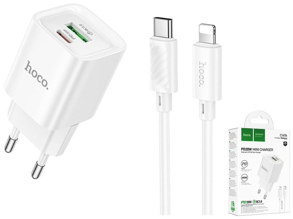 Мережевий зарядний пристрій Hoco C147A 1USB-C/1USB PD/QC 20W+Type-C to Lightning, колір бiлий