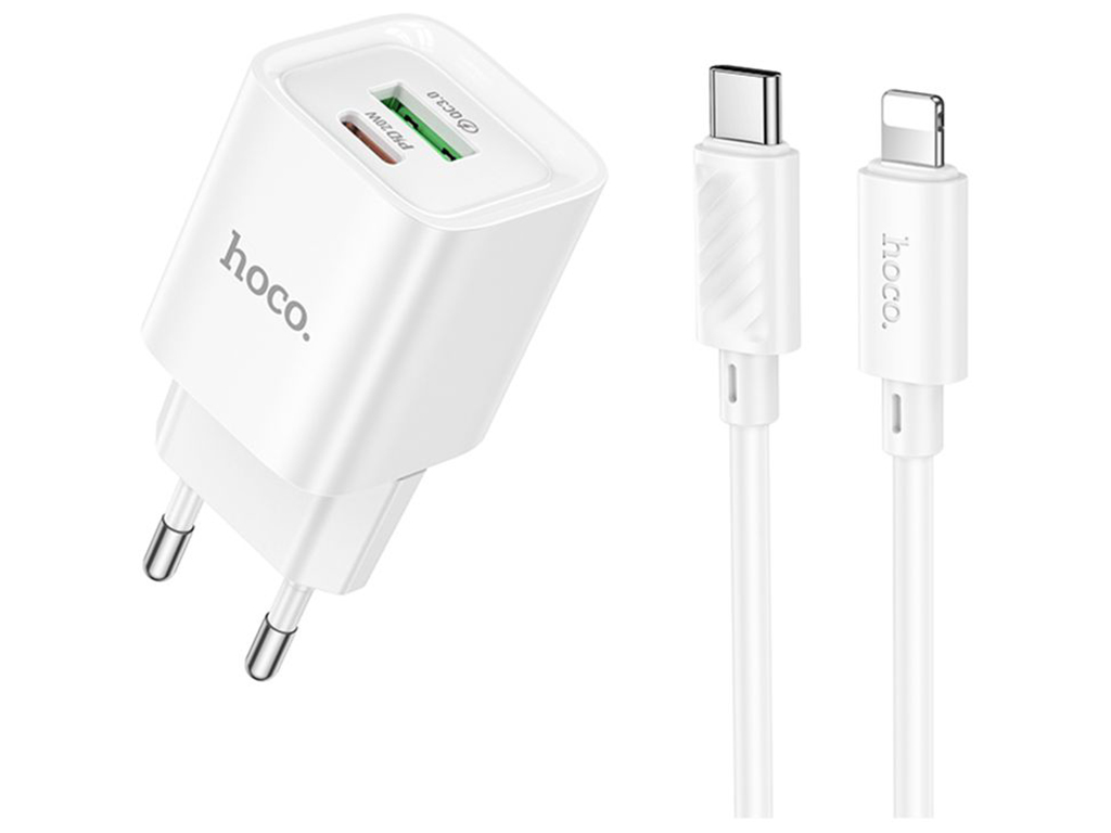 Мережевий зарядний пристрій Hoco C147A 1USB-C/1USB PD/QC 20W+Type-C to Lightning, колір бiлий