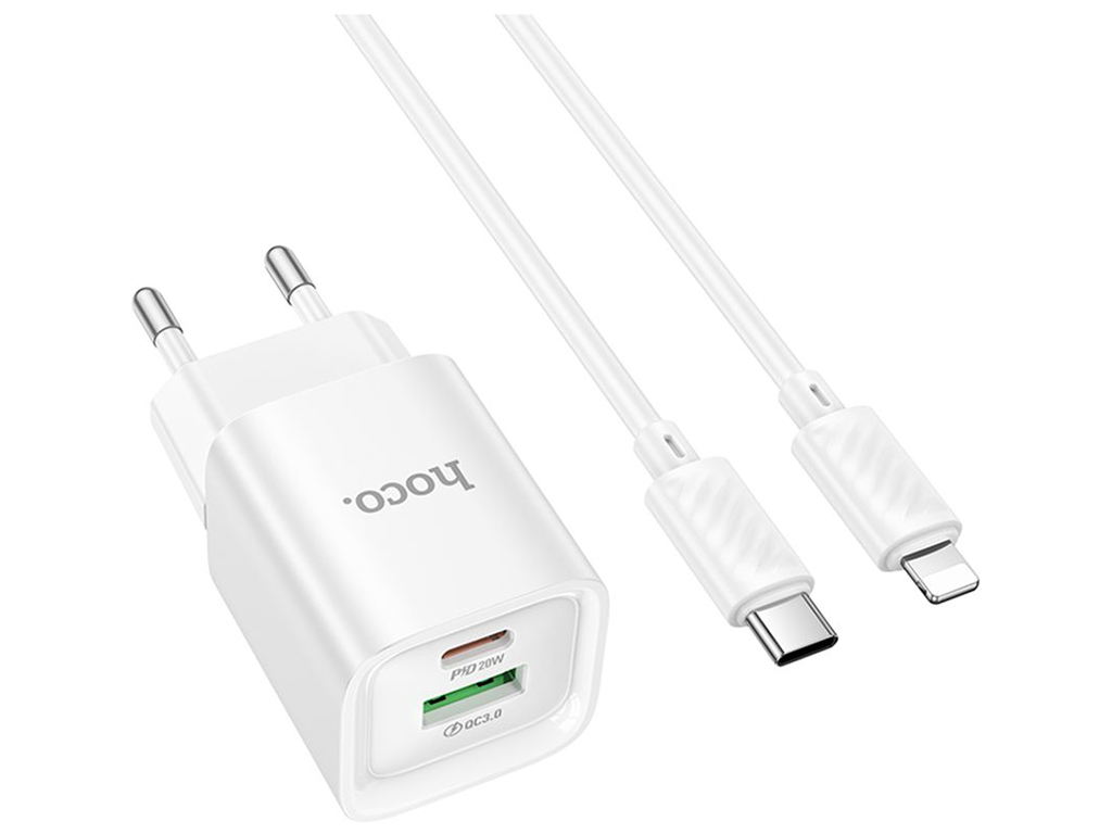Мережевий зарядний пристрій Hoco C147A 1USB-C/1USB PD/QC 20W+Type-C to Lightning, колір бiлий