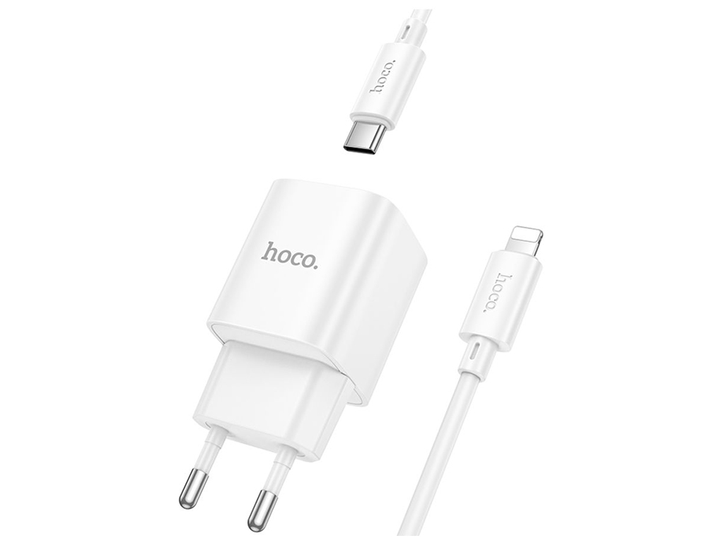 Мережевий зарядний пристрій Hoco C147A 1USB-C/1USB PD/QC 20W+Type-C to Lightning, колір бiлий