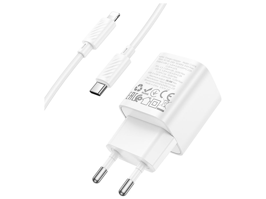 Мережевий зарядний пристрій Hoco C147A 1USB-C/1USB PD/QC 20W+Type-C to Lightning, колір бiлий