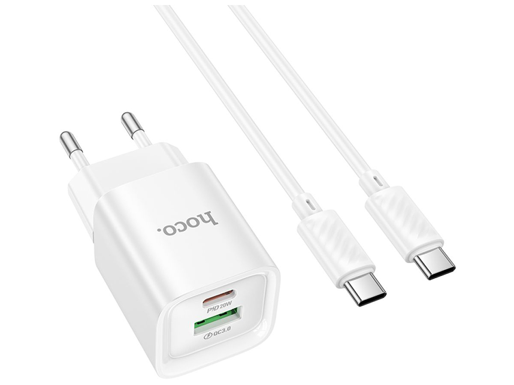 Сетевое зарядное устройство Hoco C147A 1USB-C/1USB PD/QC 20W+Type-C to Type-C, цвет белый