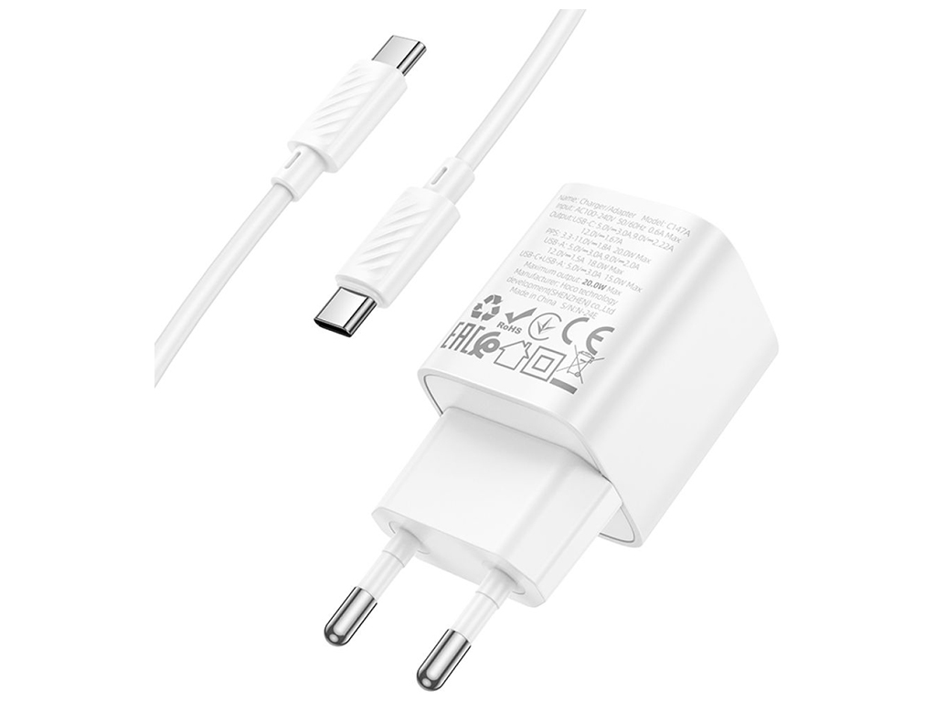Сетевое зарядное устройство Hoco C147A 1USB-C/1USB PD/QC 20W+Type-C to Type-C, цвет белый