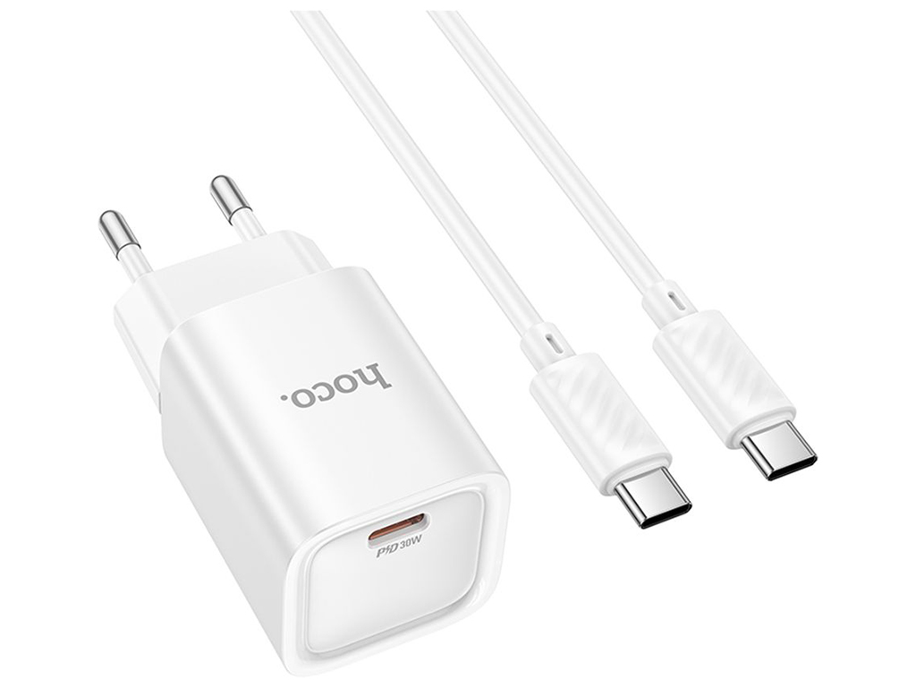 Сетевое зарядное устройство Hoco C148A 1USB-C PD/QC 30W+Type-C to Type-C, цвет белый