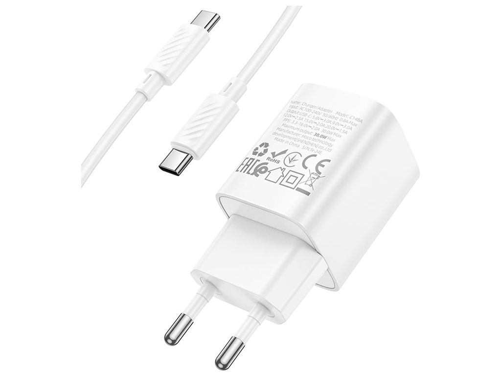Сетевое зарядное устройство Hoco C148A 1USB-C PD/QC 30W+Type-C to Type-C, цвет белый