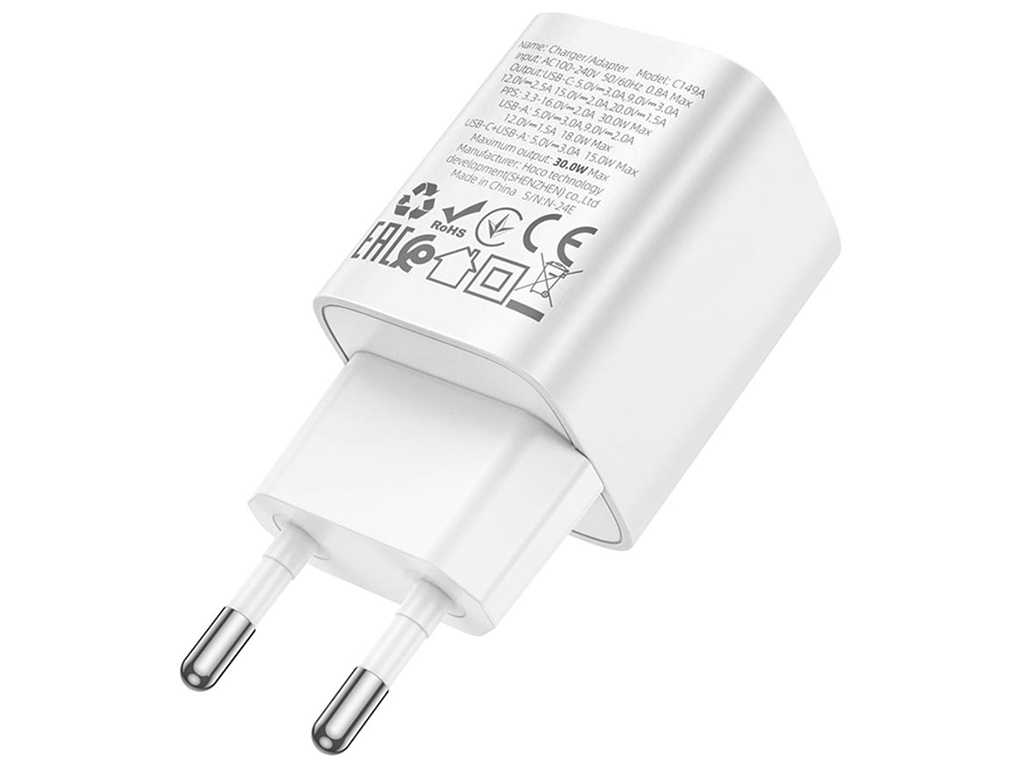 Сетевое зарядное устройство Hoco C149A 1USB/1USB-C PD/QC 30W, цвет белый