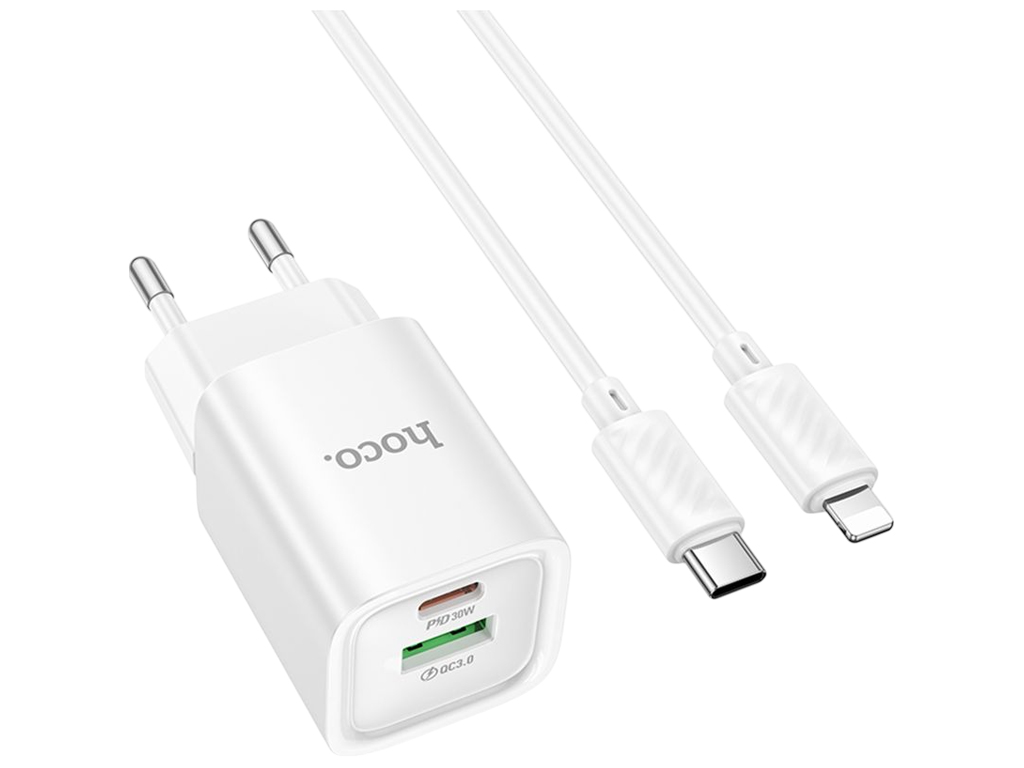 Зарядний пристрій Hoco C149A, 1USB, 1USB-C, 30Вт, PD/QC 3.0, Type-C to Lightning, білий