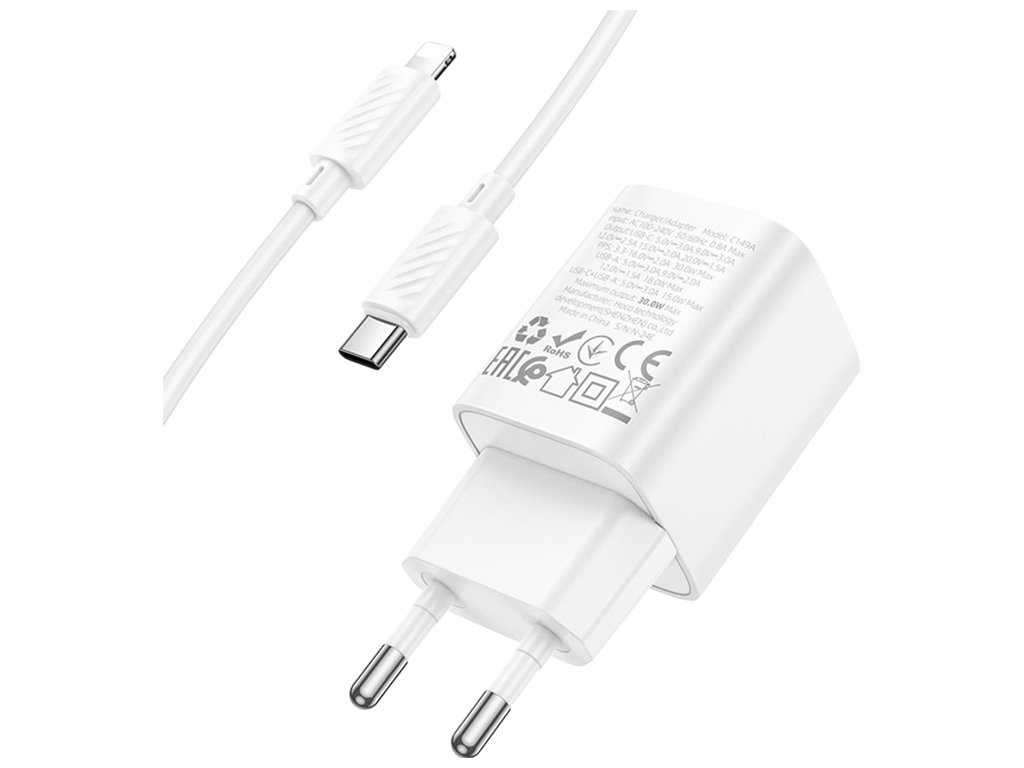 Зарядний пристрій Hoco C149A, 1USB, 1USB-C, 30Вт, PD/QC 3.0, Type-C to Lightning, білий