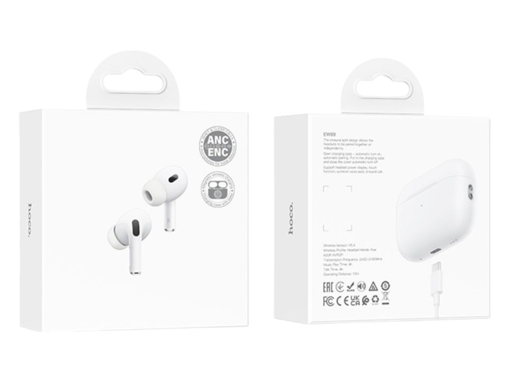 Bluetooth стерео гарнітура Hoco EW69 with charging case ANC + ENC, білий