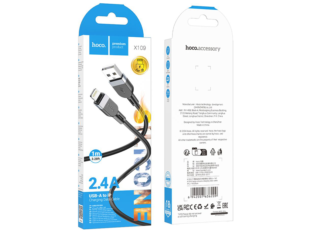 Кабель USB Hoco X109 Silicone Lightning 2.4A Цвет Черный