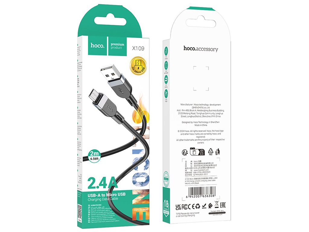 Кабель Hoco X109 Silicone мicro 2.4A 2м Колір Чорний