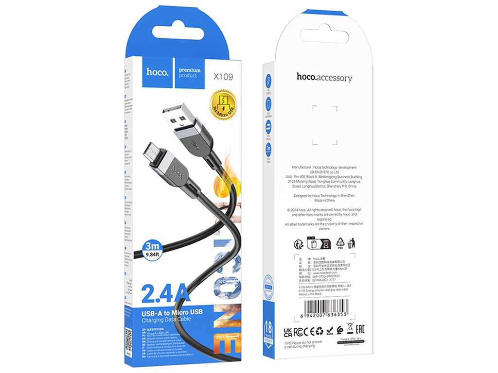 Кабель Hoco X109 Silicone мicro 2.4A 3м Колір Чорний