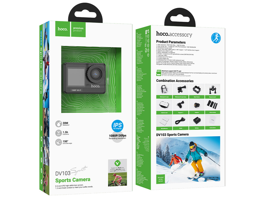 Екшн-камера Hoco DV103, 4K, 12Мп, 900мАг, Micro HDMI, Micro SD, Type-C, 115×230×60мм, колір чорний